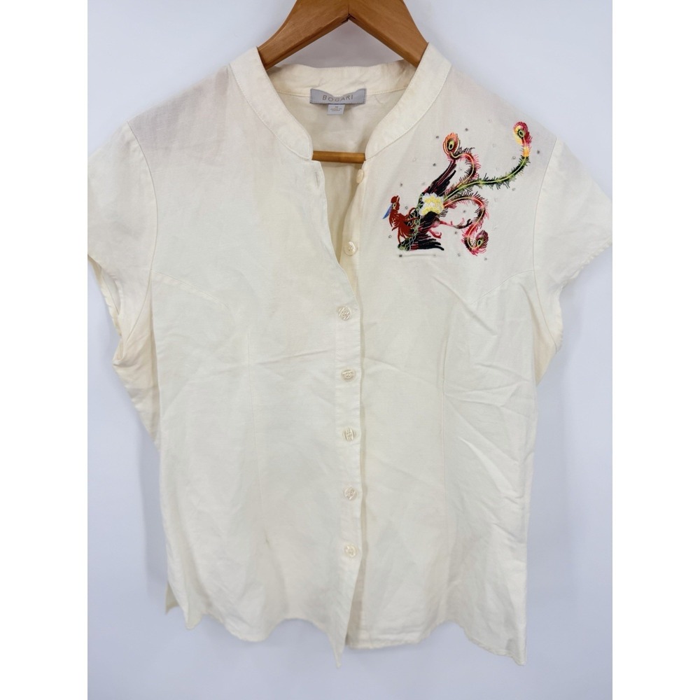 Bogari Ivory Embroidered Peacock Sz M Linen Blend Shirt Ring Collar Boho Button